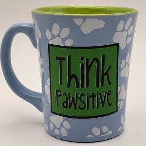 Think Pawsitive Dog Paw Print Mug Bark Less Wag More Blue Green Coffee Cup